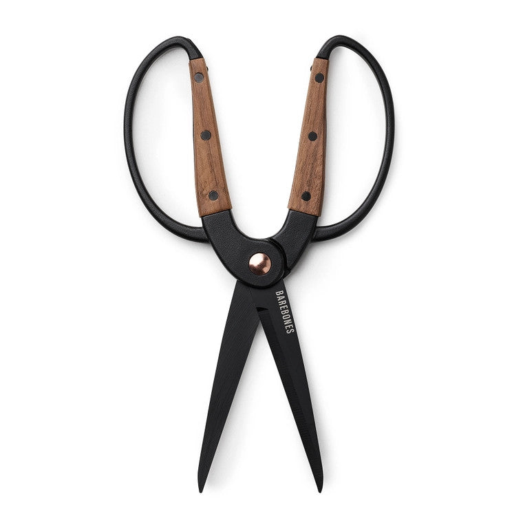 black, stainless-steel garden scissors with walnut handle against a white background