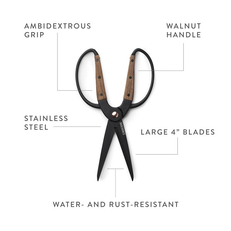 a graphic showing the scissors with text pointing out some of the features including: ambidextrous grip, stainless steel, walnut handle, large 4" blades, and water- and rust resistant