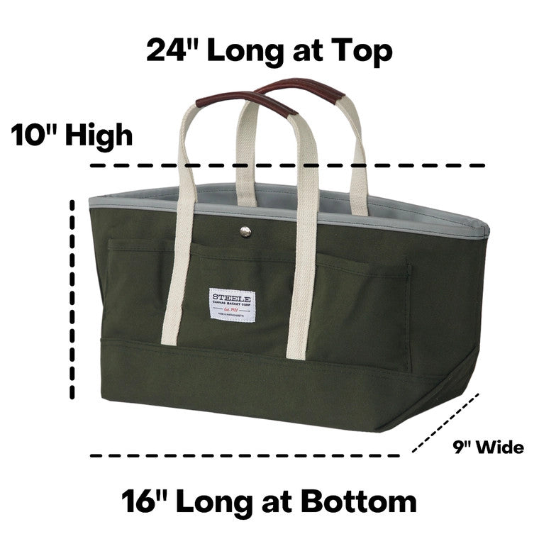 an info graphic showing the garden tote and measurements: 24 inches long at the top, 16 inches long at the bottom, 10 inches high, and 9 inches wide