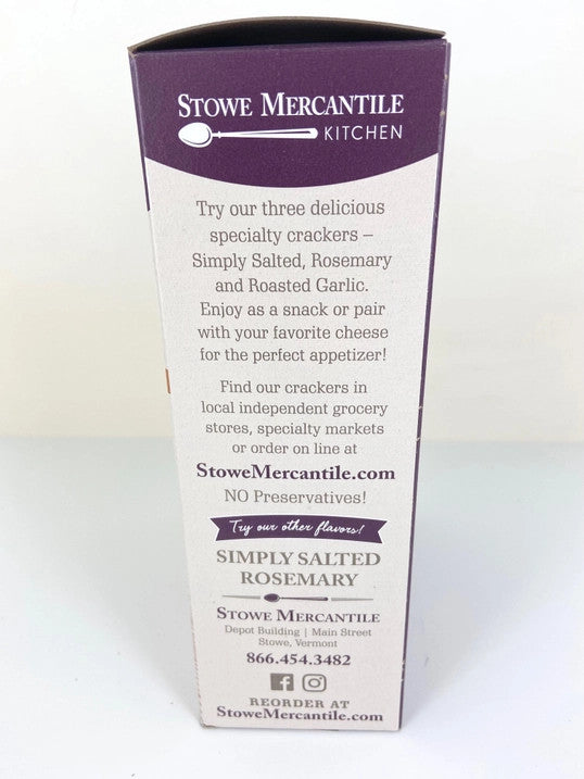 Stowe Mercantile Kitchen Roasted Garlic Crackers side of box with brand story