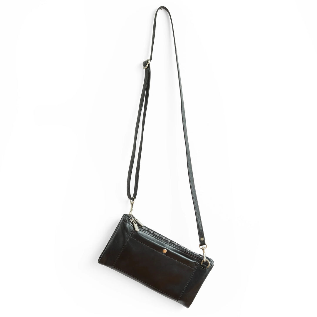 A black leather crossbody bag with a long adjustable strap and silver-tone hardware, shown against a plain white background.