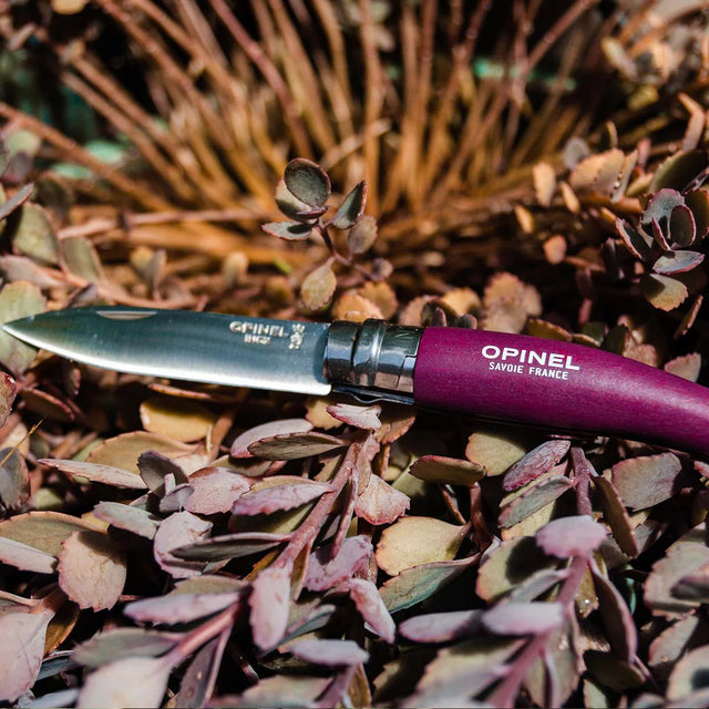 a close up of the No. 08 Garden Knife with purple handle resting on a bed of garden cuttings