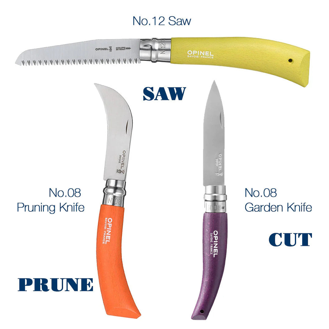 a graphic with text labeling the contents of the Garden Gift Box: the No. 12 Saw, No. 08 Pruning Knife, and No. 08 Garden Knife