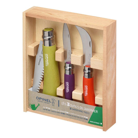 the Garden Gift box of 3 colorful garden tools packaged in a gift-ready wooden box