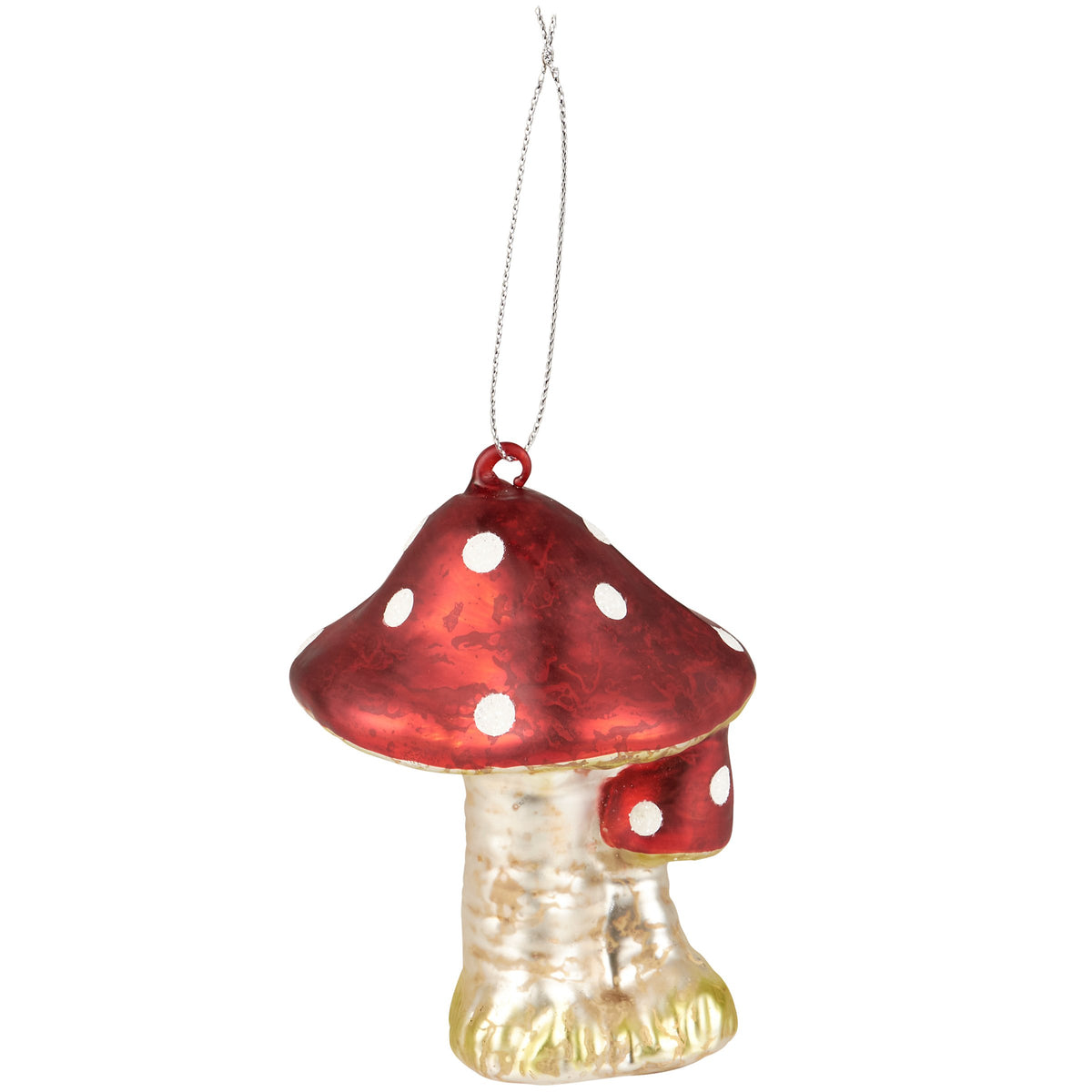 A red and white spotted mushroom-shaped hanging ornament with a silver hanging string, shown against a plain white background.