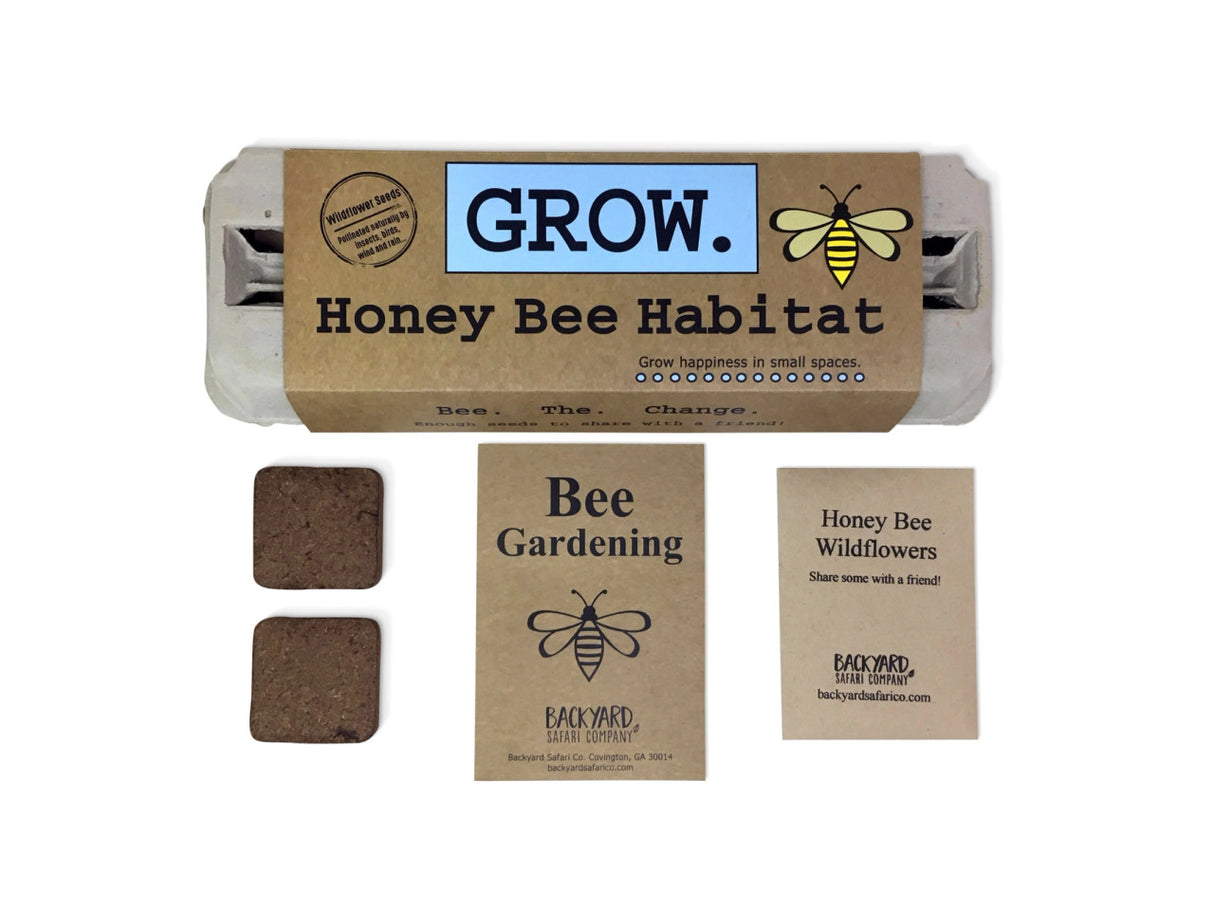 a selection of the contents of the Grow Honey Bee Habitat garden kit: the egg carton package, starter soil, bee garden booklet, and wildflower seeds
