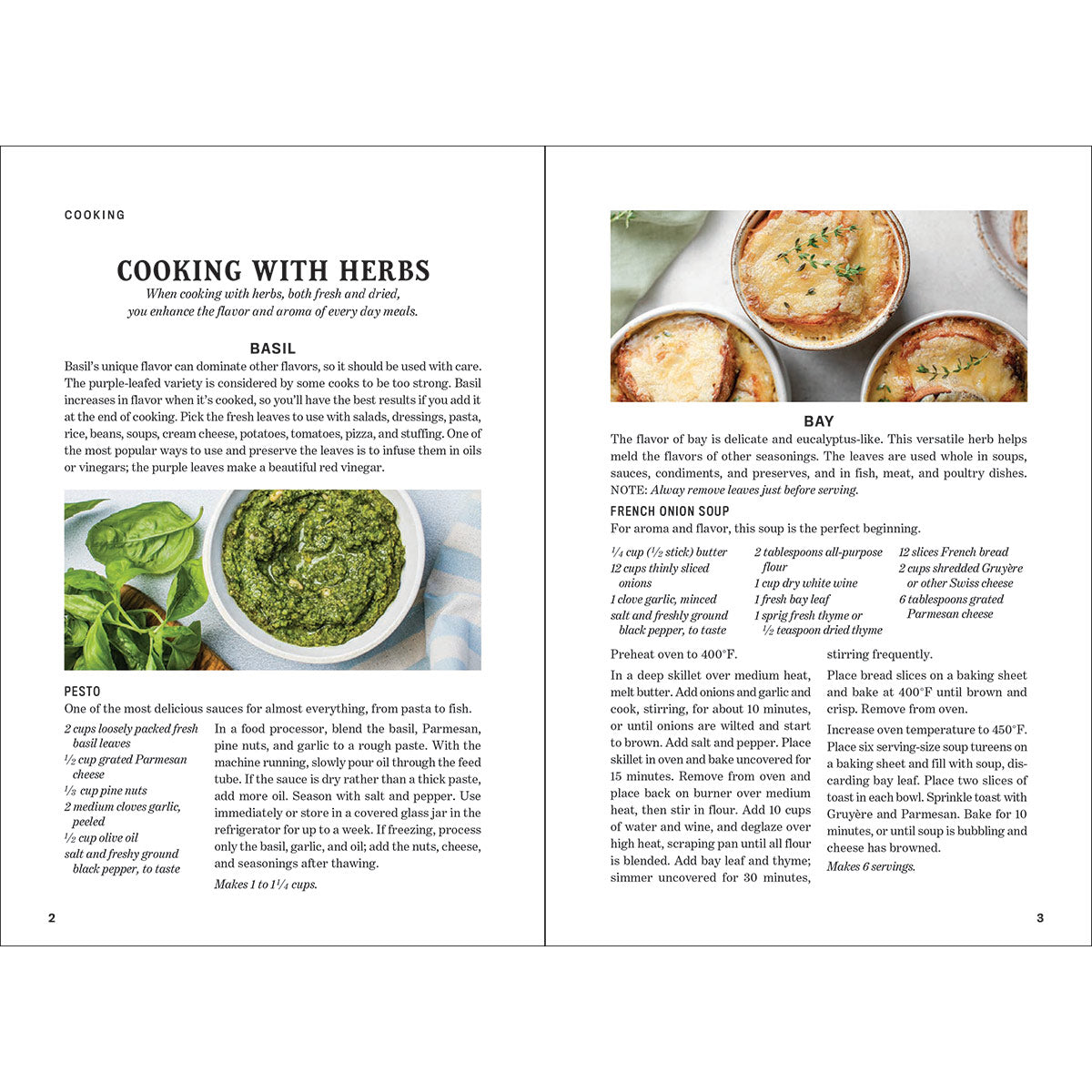 Guide to Herbs interior page featuring text on cooking with herbs and images of dishes.