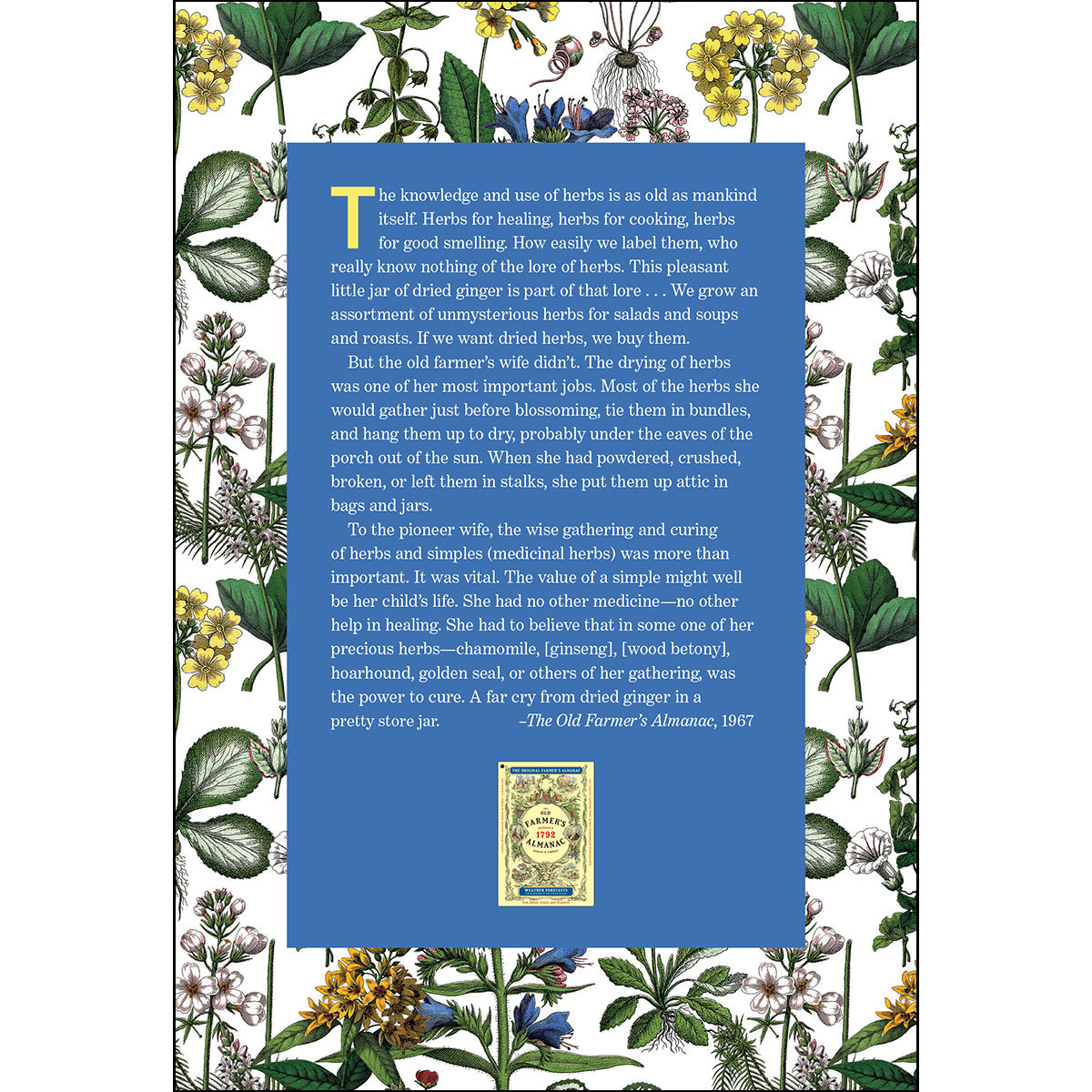 Back cover of the Guide to Herbs with book info in a blue block of text surrounded by herb illustrations