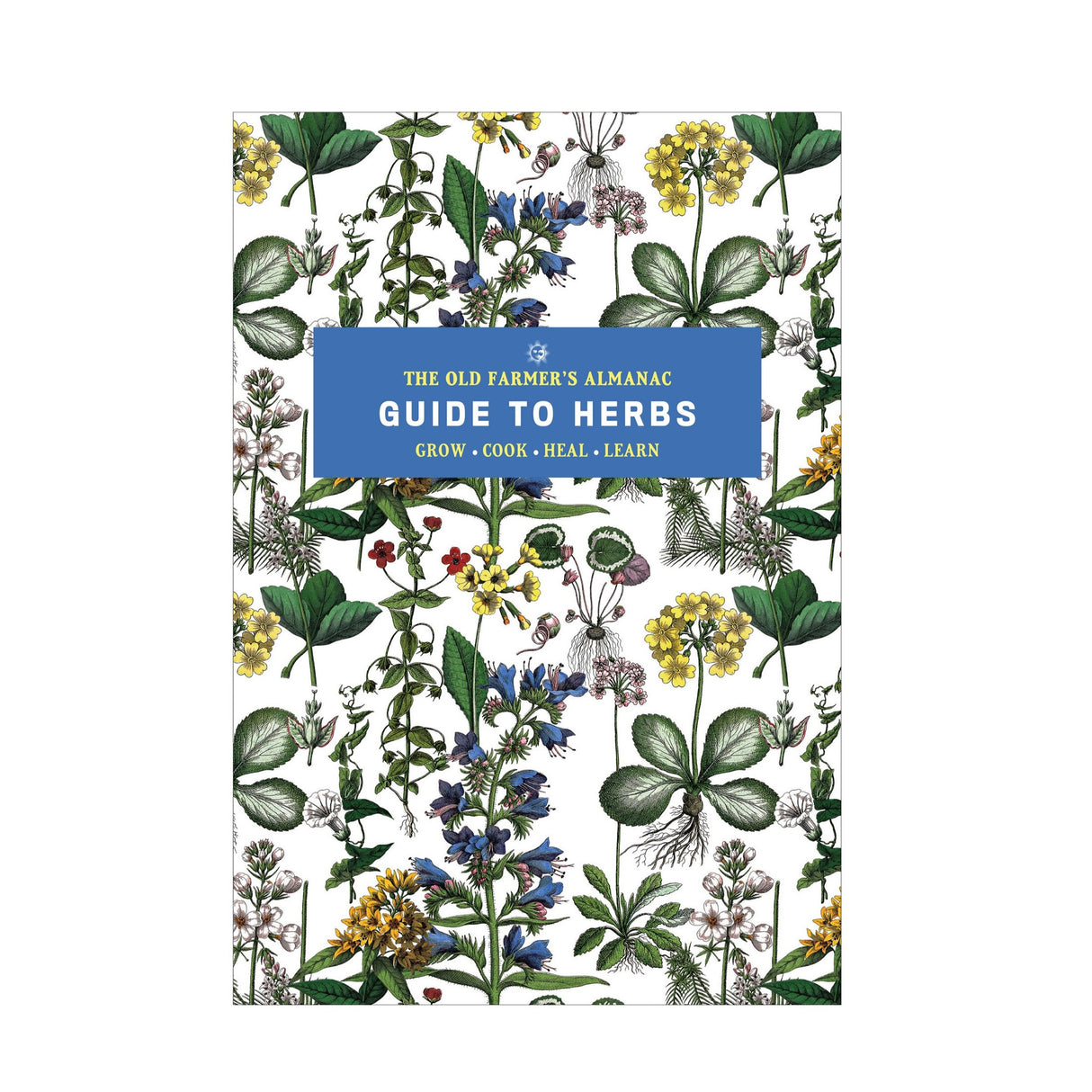 Book cover of 'The Old Farmer's Almanac Guide to Herbs' with botanical illustrations on a white background.