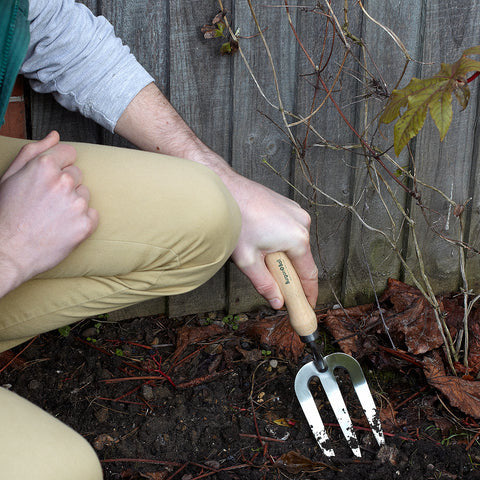a close up of a gardener kneeling in a garden and cultivating the soil with the hand fork