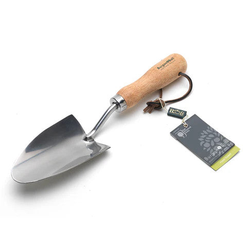 the stainless steel hand trowel against a white background