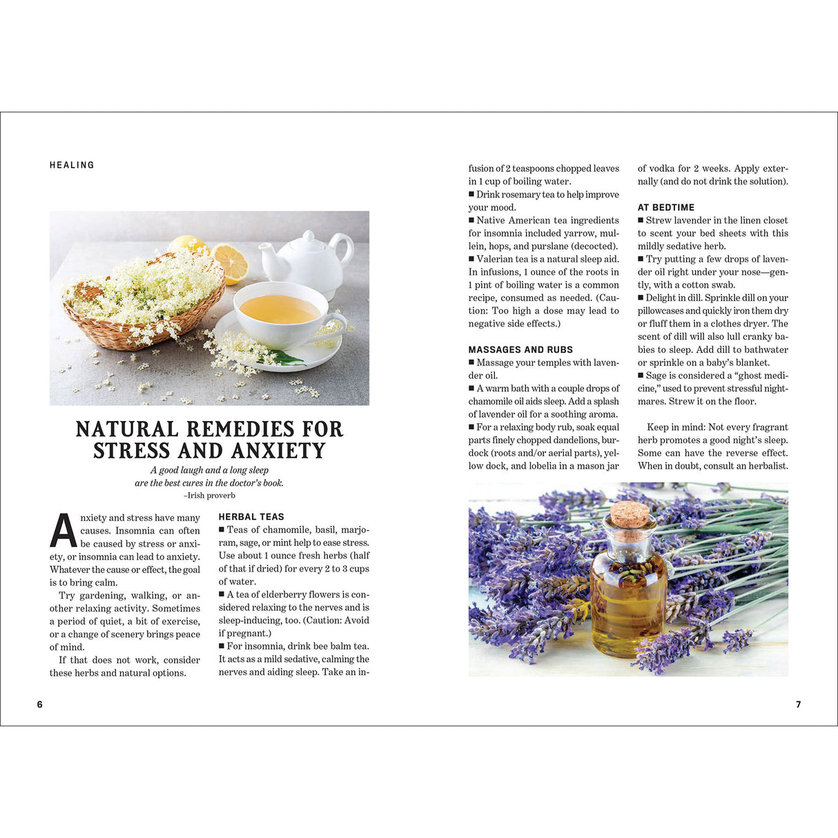 Guide to Herbs interior page "Natural Remedies for Stress and Anxiety" on natural remedies for stress and anxiety with images of tea, lavender, and herbs.