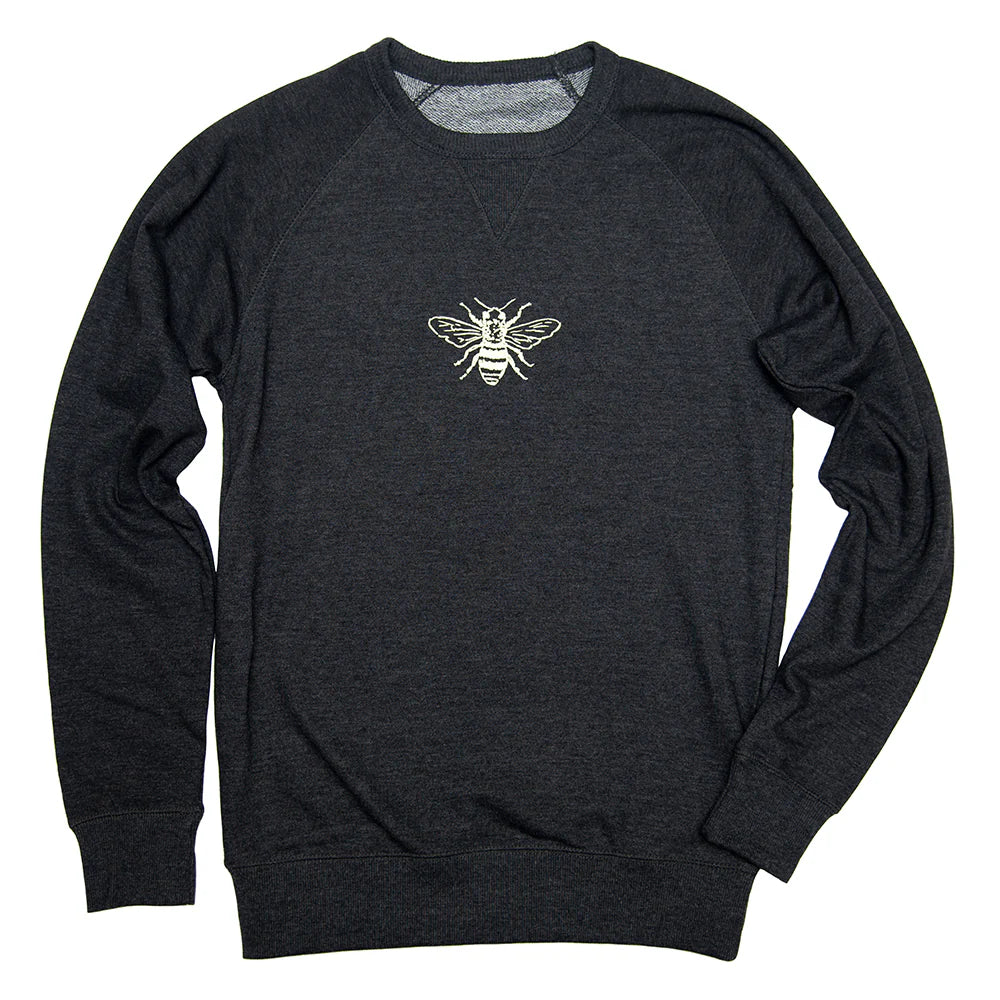 Dark gray sweatshirt with a white bee logo on a white background
