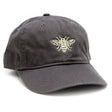 a gray baseball cap with an embroidered honey bee design