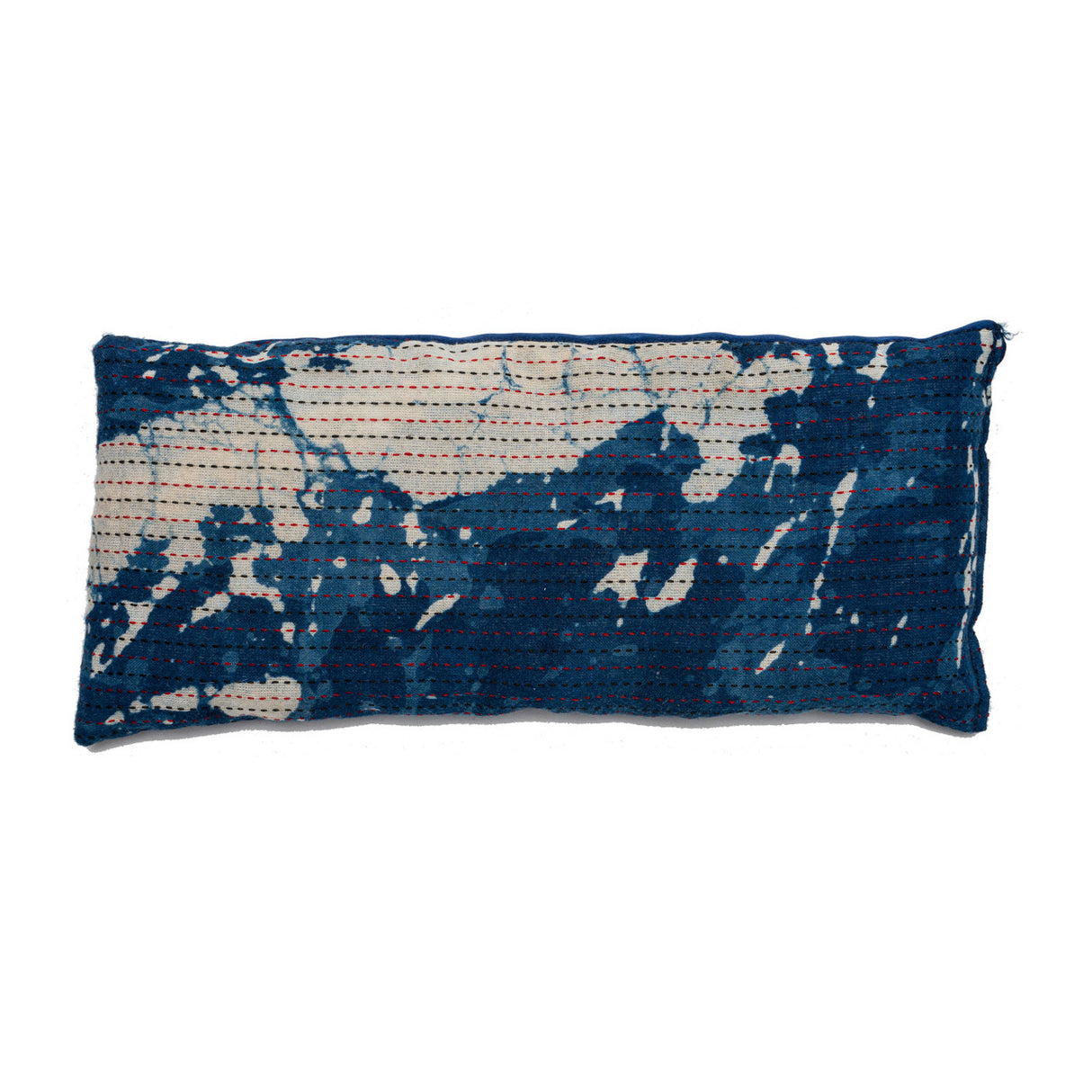 a close up of the abstract dye pattern of hues of indigo and off white of the Splash Indigo Eye Pillow