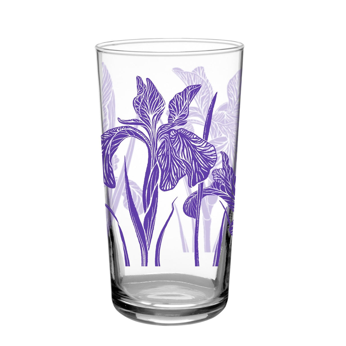 a clear glass tumbler printed with vintage inspired purple iris print