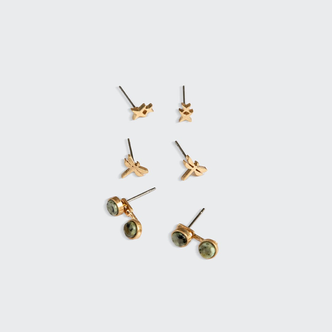 Stud Trio Ear Jacket Set - Gold Dragonfly + African Turqoise