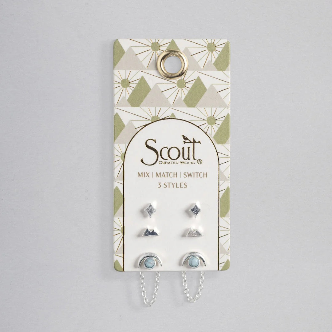 Set of earrings on a Scout branded card with geometric design