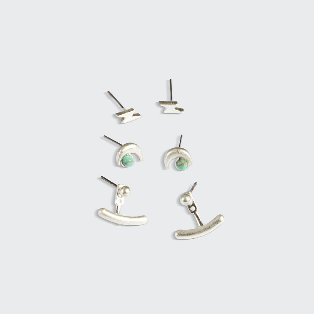Stud Trio Ear Jacket Set - Silver Moon + Turquoise