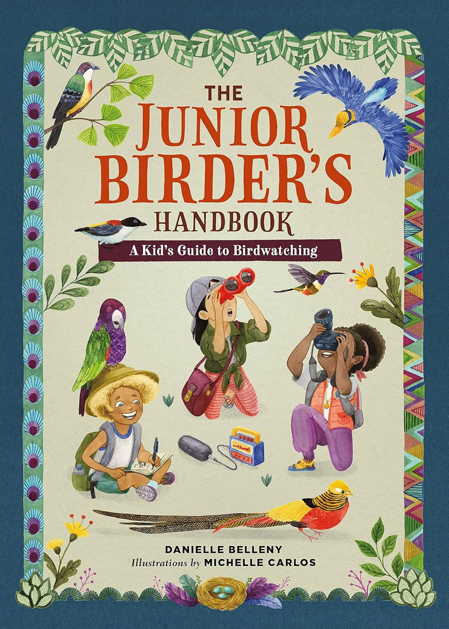 the cover of the Junior Birder's Handbook with illustrations of birds and several children sketching birds, looking at birds with binoculars, and taking photos of birds