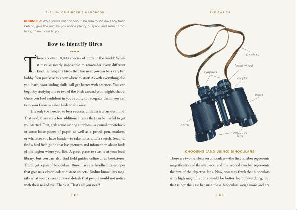 interior page with info about how to identify birds alongside an illustration of binoculars and graphics labeling each part
