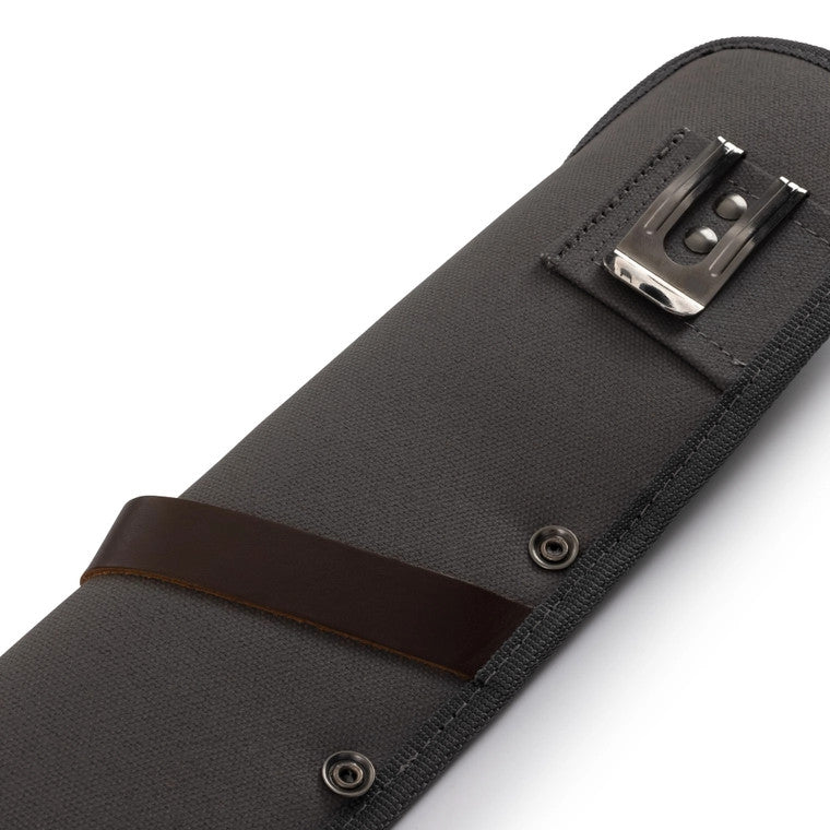 a close up of the reverse side of the hatchet sheath showing the belt clip