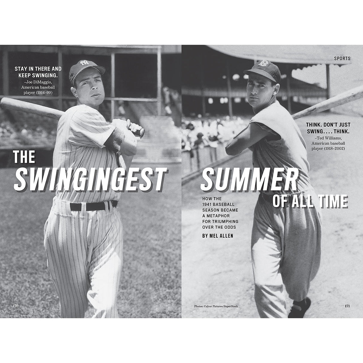 Joe DiMaggio and Ted Williams in vintage uniforms with text about a 'Swingingest Summer of All Time'.
