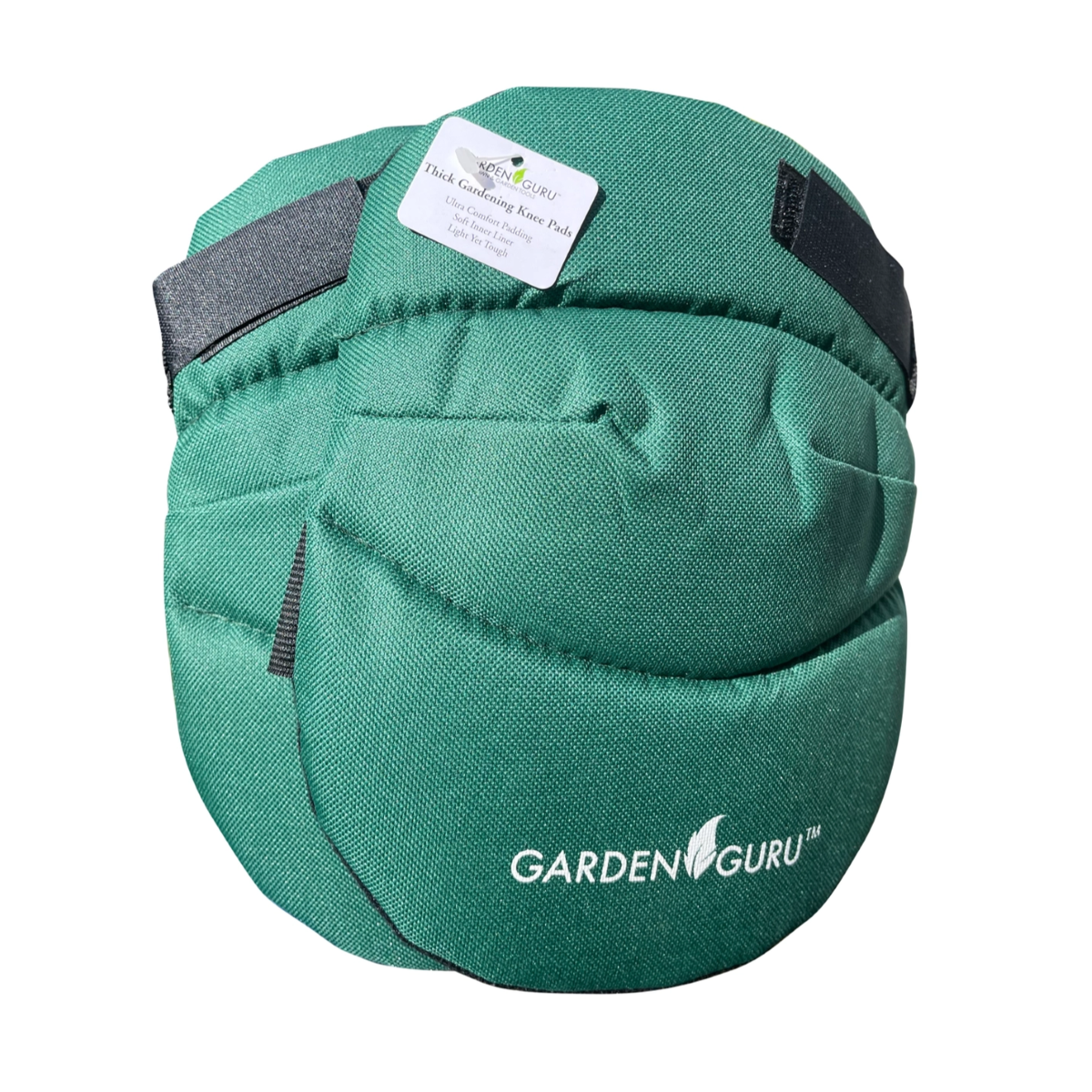 Green gardening knee pad with 'Garden Guru' branding on a white background