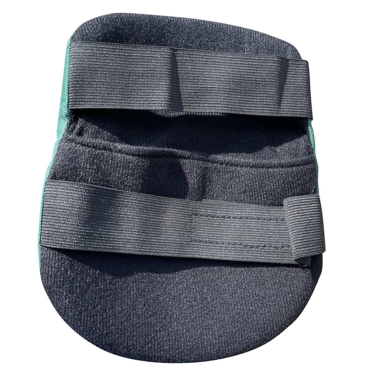 the backside of the garden guru knee pads showing black fabric and black adjustable elastic support bands