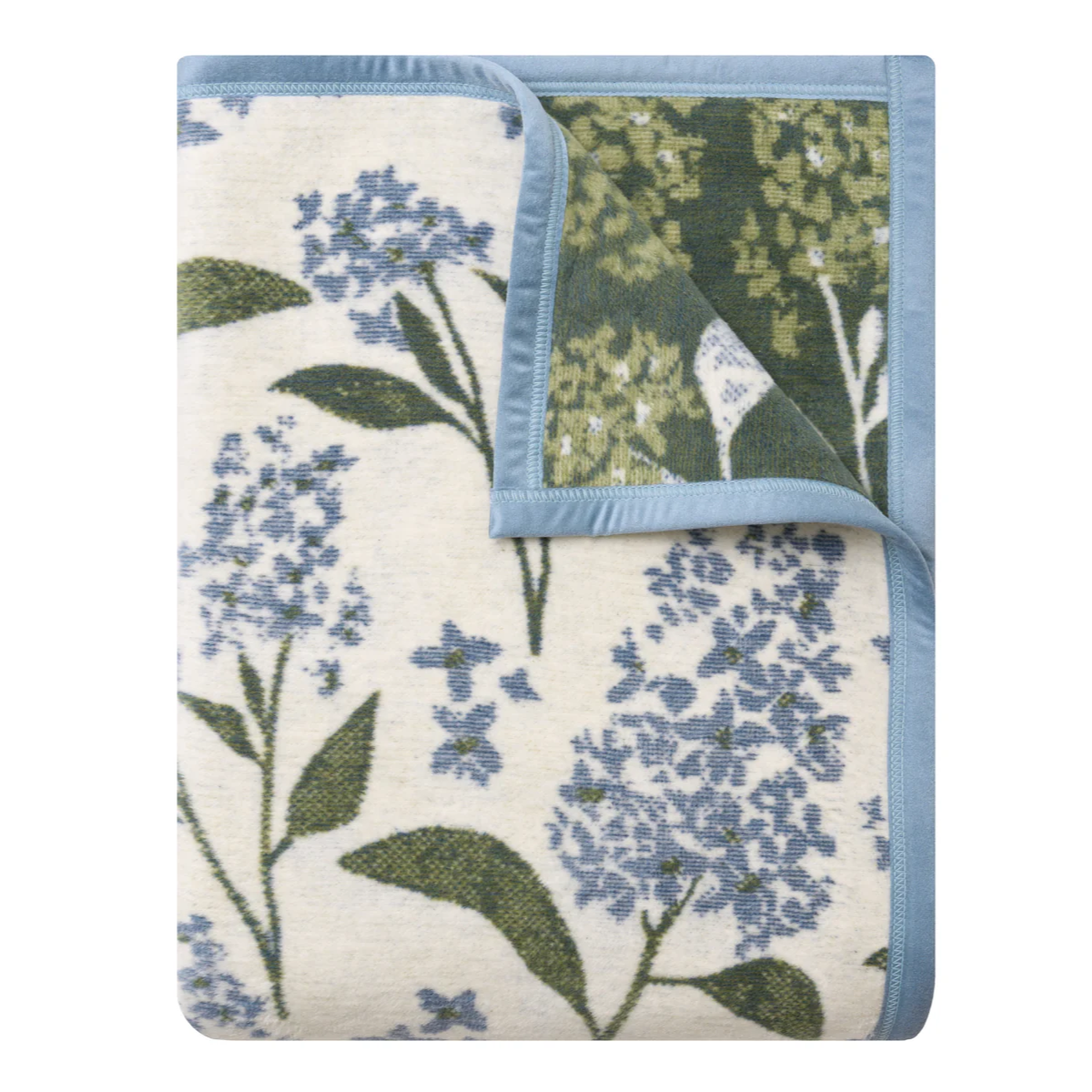 Floral patterned blanket with blue and green colors on a white background