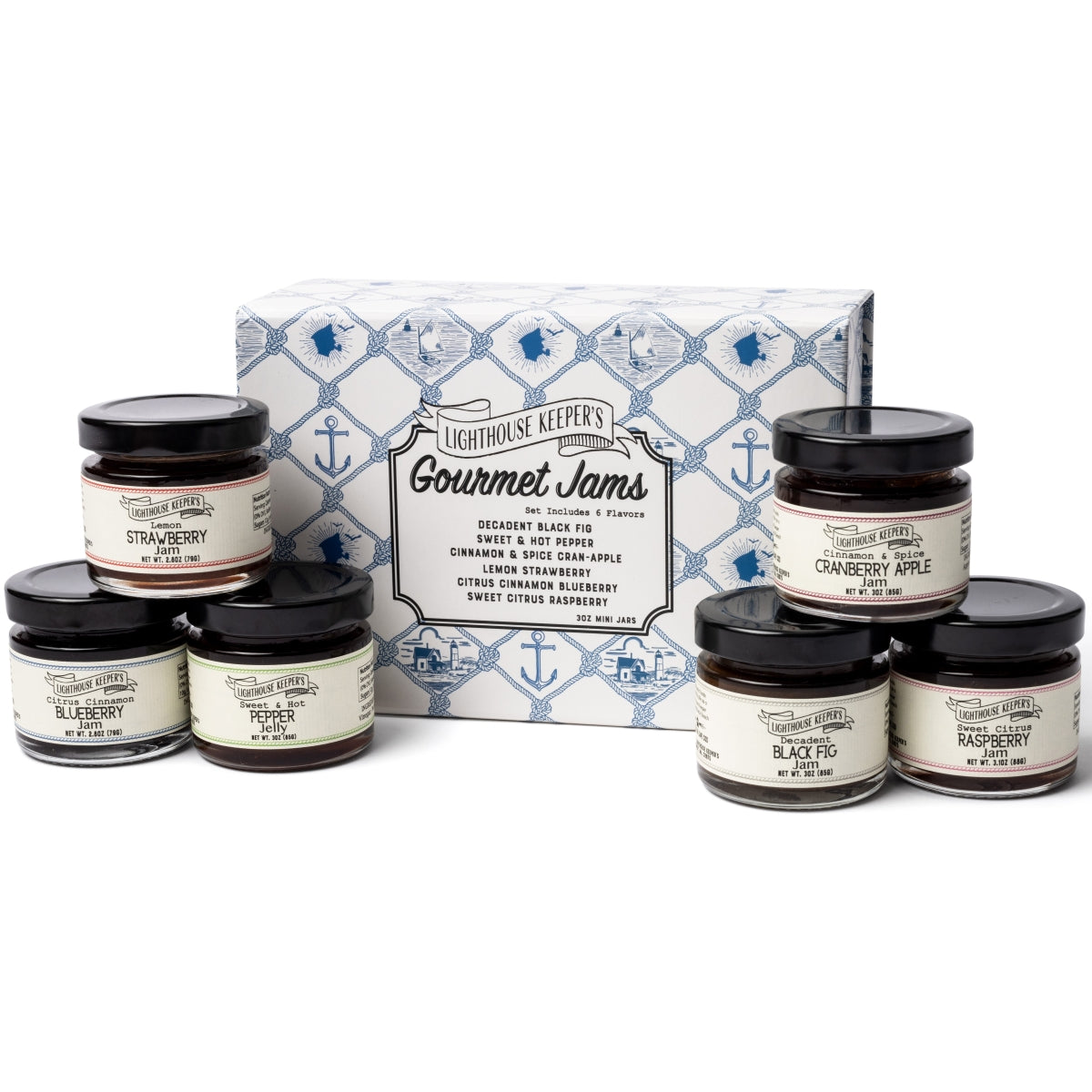 Collection of Lighthouse Keeper's Gourmet Jams with a decorative box on a white background
