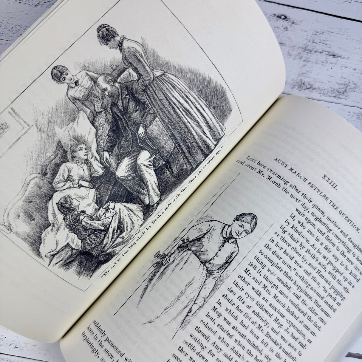interior page of Little Women showing vintage illustrations of the March family and Great Aunt March