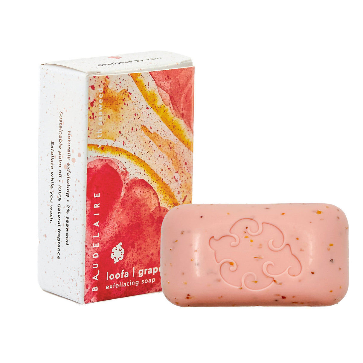 the Grapefruit Loofa soap bar box with its abstract, painterly grapefruit design alongside the bar of soap