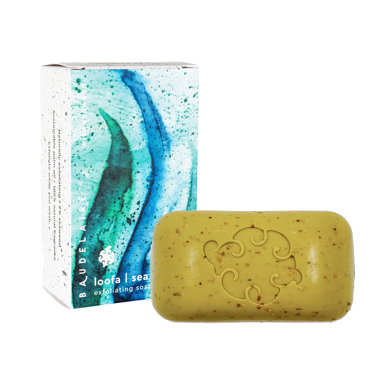 the Sea Loofa soap box with its blue green abstract ocean design alongside a bar of the Sea Loofa soap