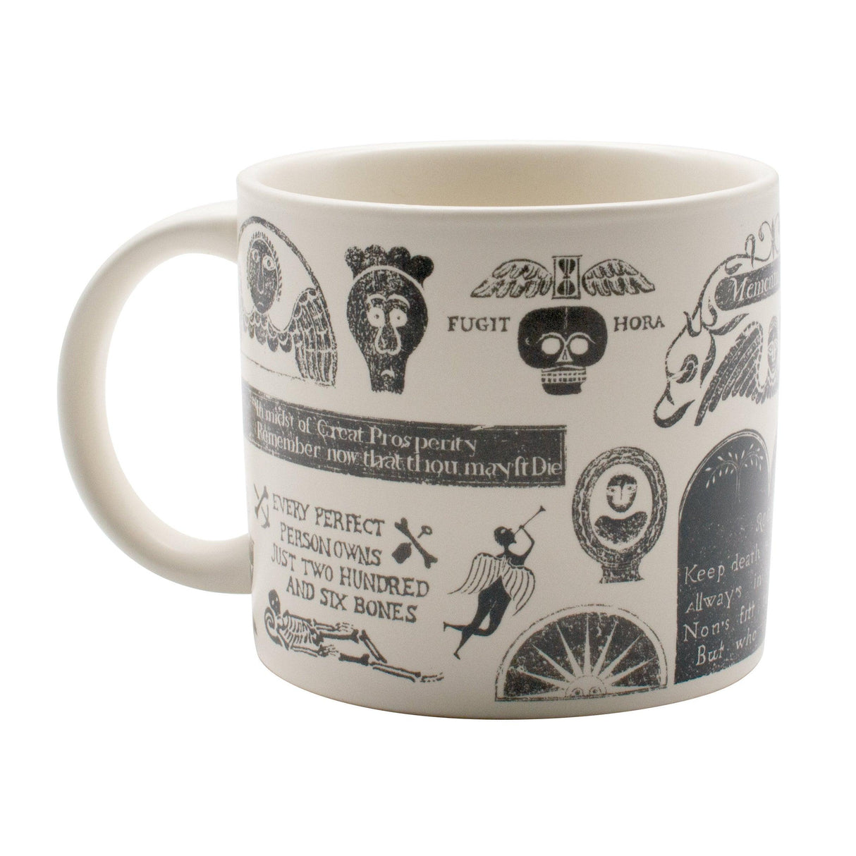 White mug with black text and gravestone illustrations on a white background