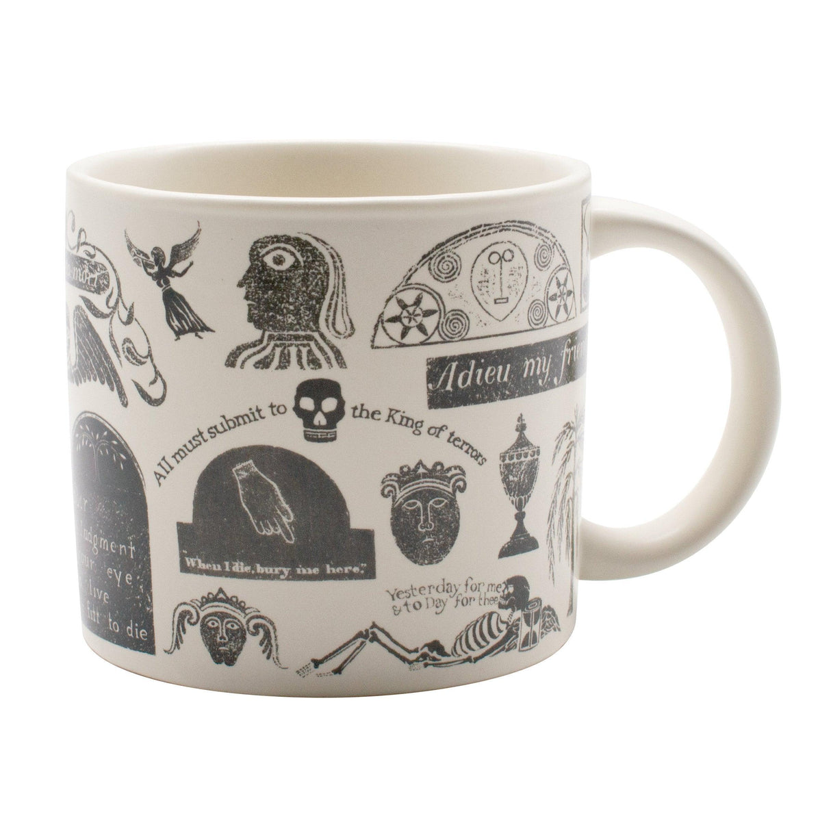 White mug with black gravestone illustrations and text on a white background