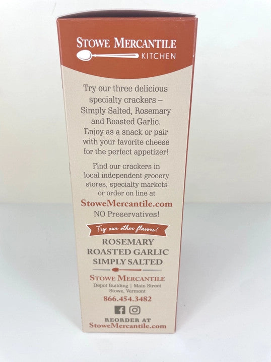 Stowe Mercantile Kitchen Salted Maple Crackers side of box with brand story