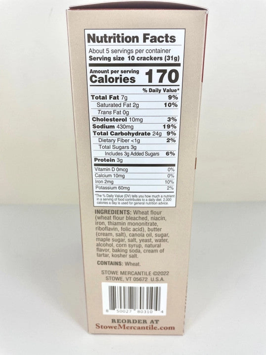 Stowe Mercantile Kitchen Salted Maple Crackers side of box with nutrition and ingredients