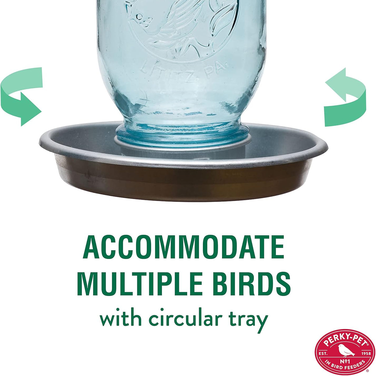 a graphic showing the watering basin with arrow graphics showing 360 degrees of access for birds with the text "Accomodate multiple birds with circular tray"