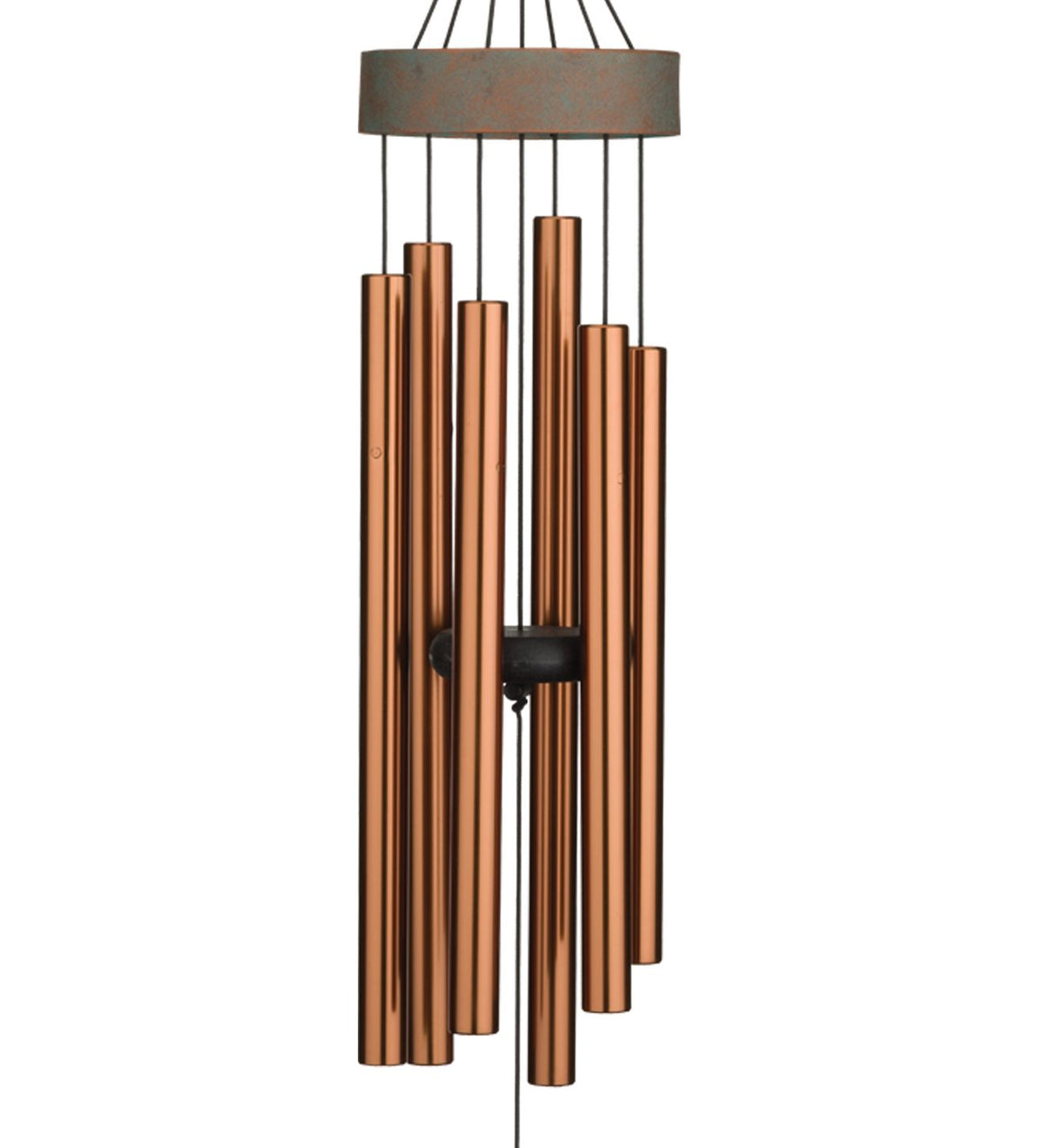 A copper wind chime with multiple metallic tubes of varying lengths hanging from a round top cap, shown against a plain white background.