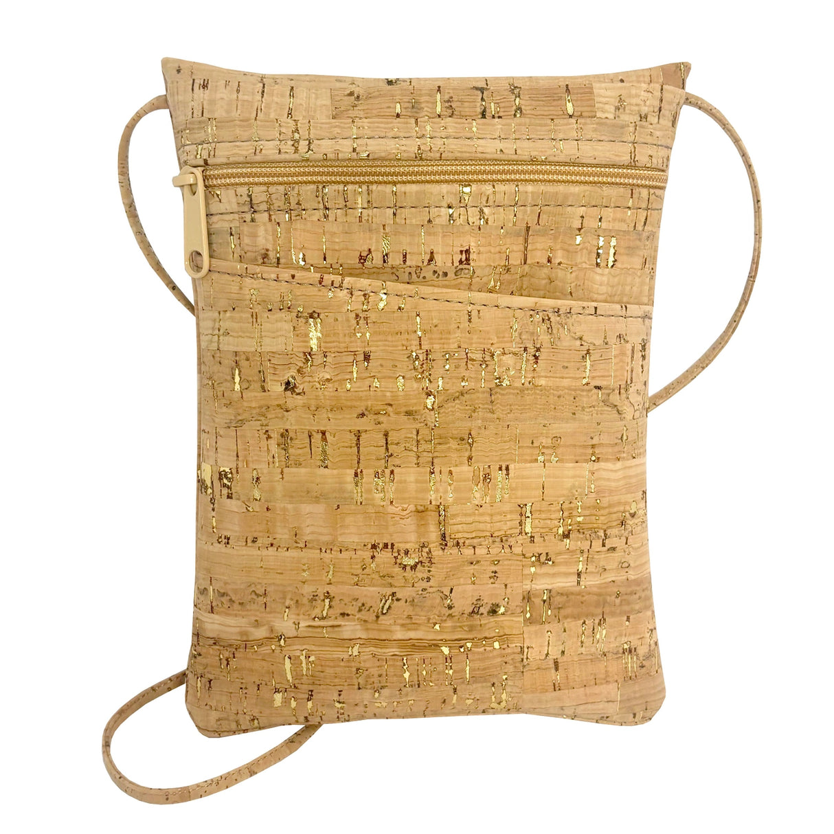 Cork crossbody handbag with gold fleck design on a white background