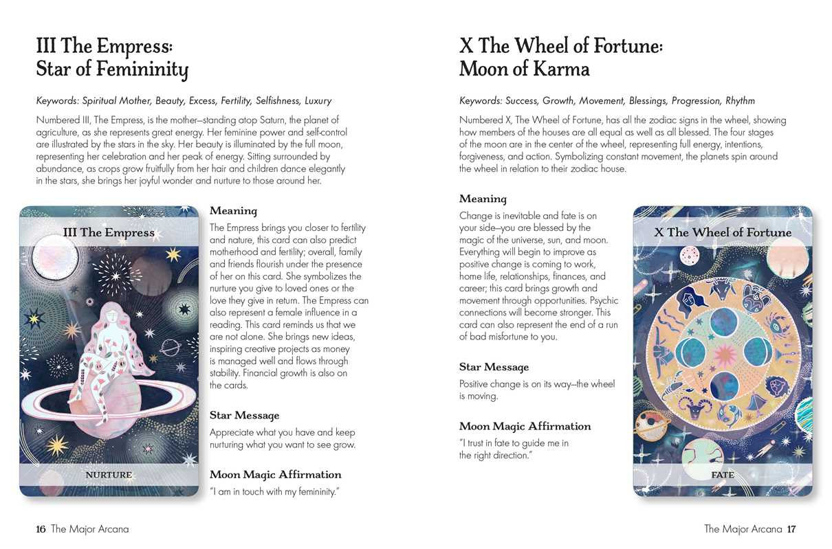 Interior page of the Moon & Stars Tarot cards booklet outlining Meaning, Star Message, Moon Magic Affirmation for each card - this 2 page spread shows an image of the Lovers card and info on the left page, and the Chariot card and info on the right page.