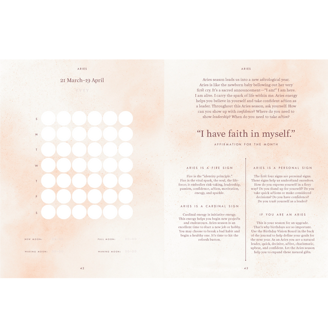 interior page of the Moon Journal with Aries zodiac section on a light pink background - includes inspiration and affirmations