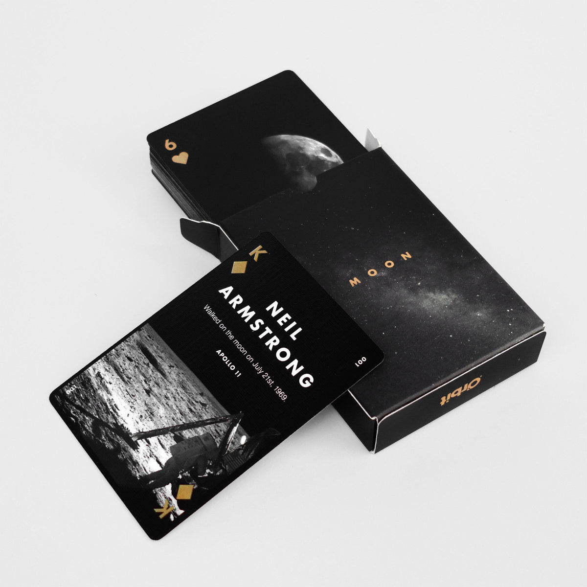 Playing cards with Neil Armstrong design on a white background