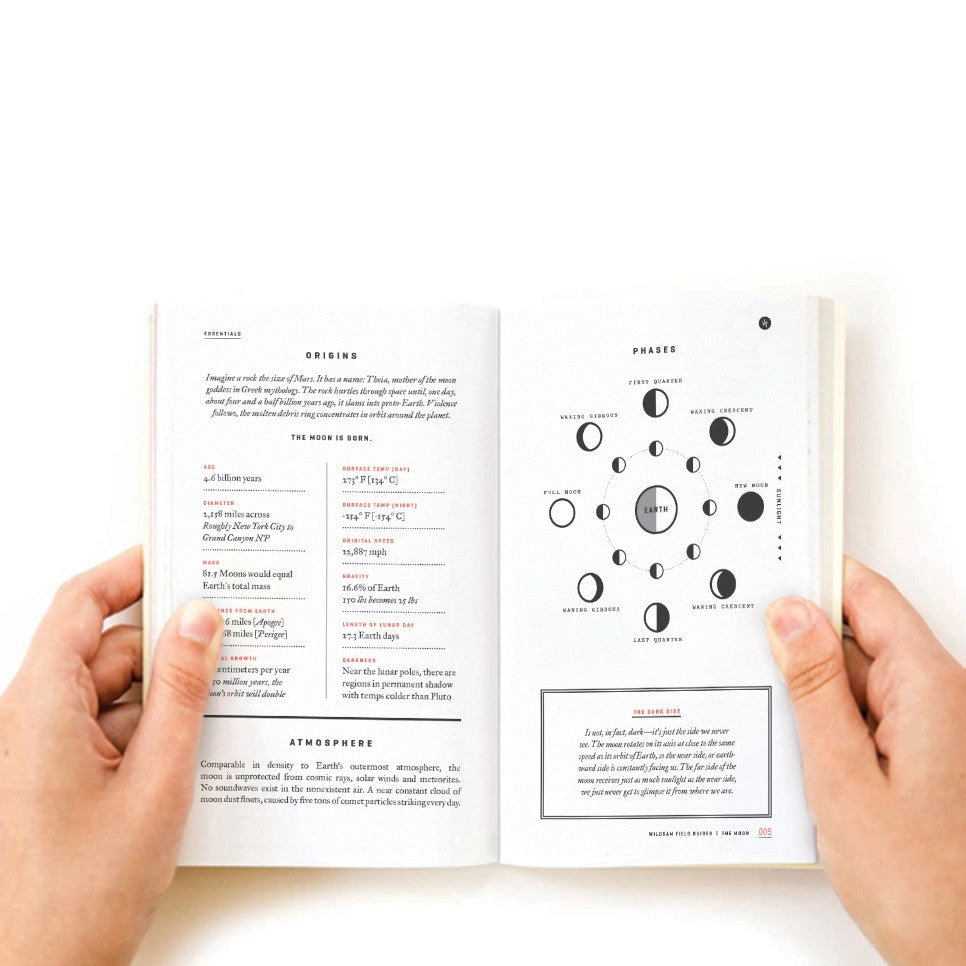 interior page of the Moon Field Guide showing moon phases and facts