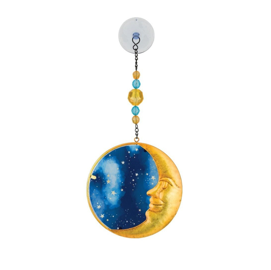 a full view of the moon suncatcher showing the full length of the beaded chain and suction cup