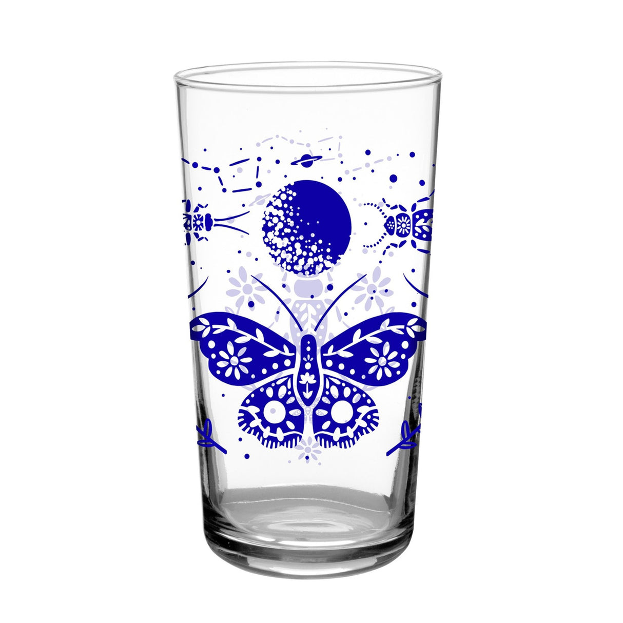 a clear glass tumbler printed with vintage inspired blue print of a moth beneath a full moon and beetles and flowers