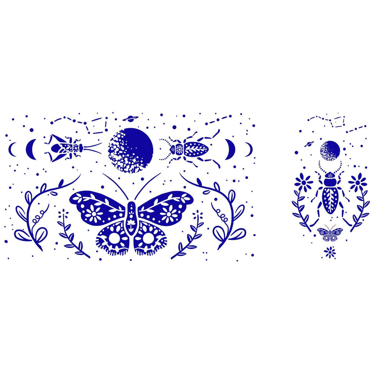 vintage inspired illustration of a moth beneath a full moon and starry sky with beetles and flowers