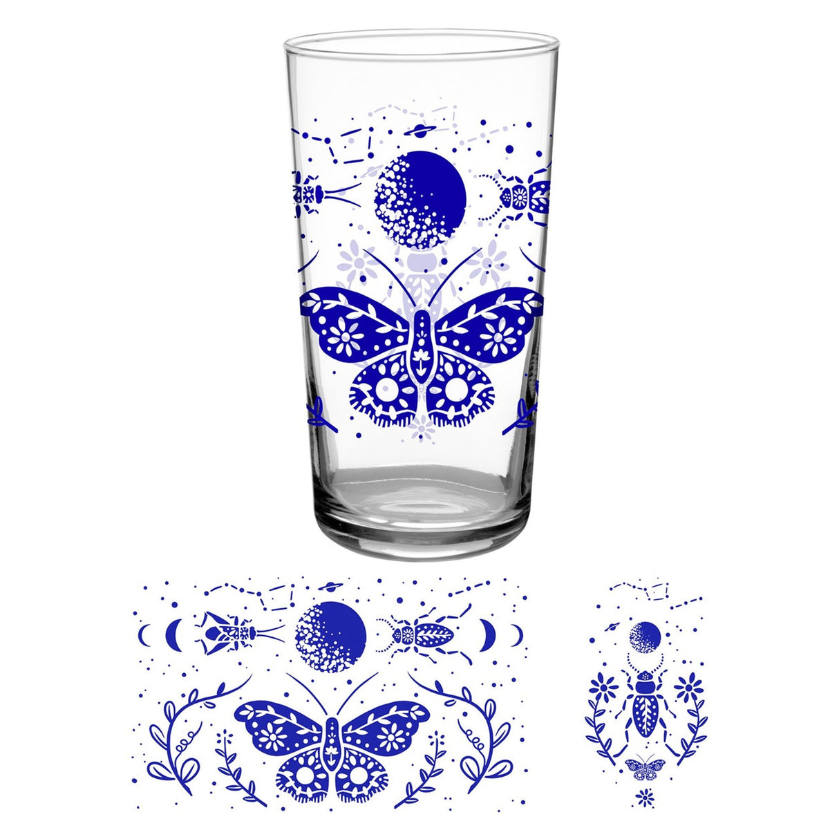 a clear glass tumbler printed with vintage inspired blue print of a moth beneath a full moon and beetles and flowers above the full wrap artwork that is on the glass