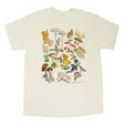 an off white tee shirt with illustrations of various woodland mushrooms